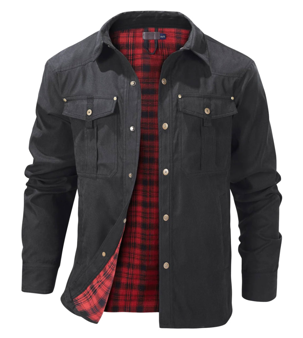 "Veste en flanelle pour hommes, chaude, élégante, col à boutons, gris foncé, idéale pour temps froid, poches pratiques."