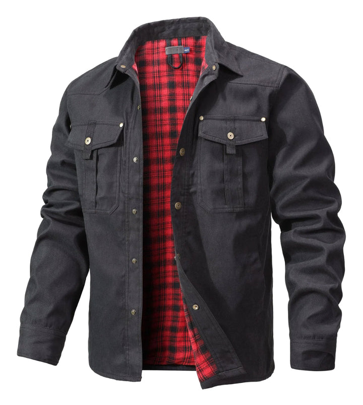 "Veste en flanelle pour hommes, chaude, élégante, col à boutons, gris foncé, idéale pour temps froid, poches pratiques."
