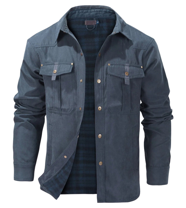 "Veste en flanelle pour hommes, chaude, élégante, col à boutons, gris foncé, idéale pour temps froid, poches pratiques."