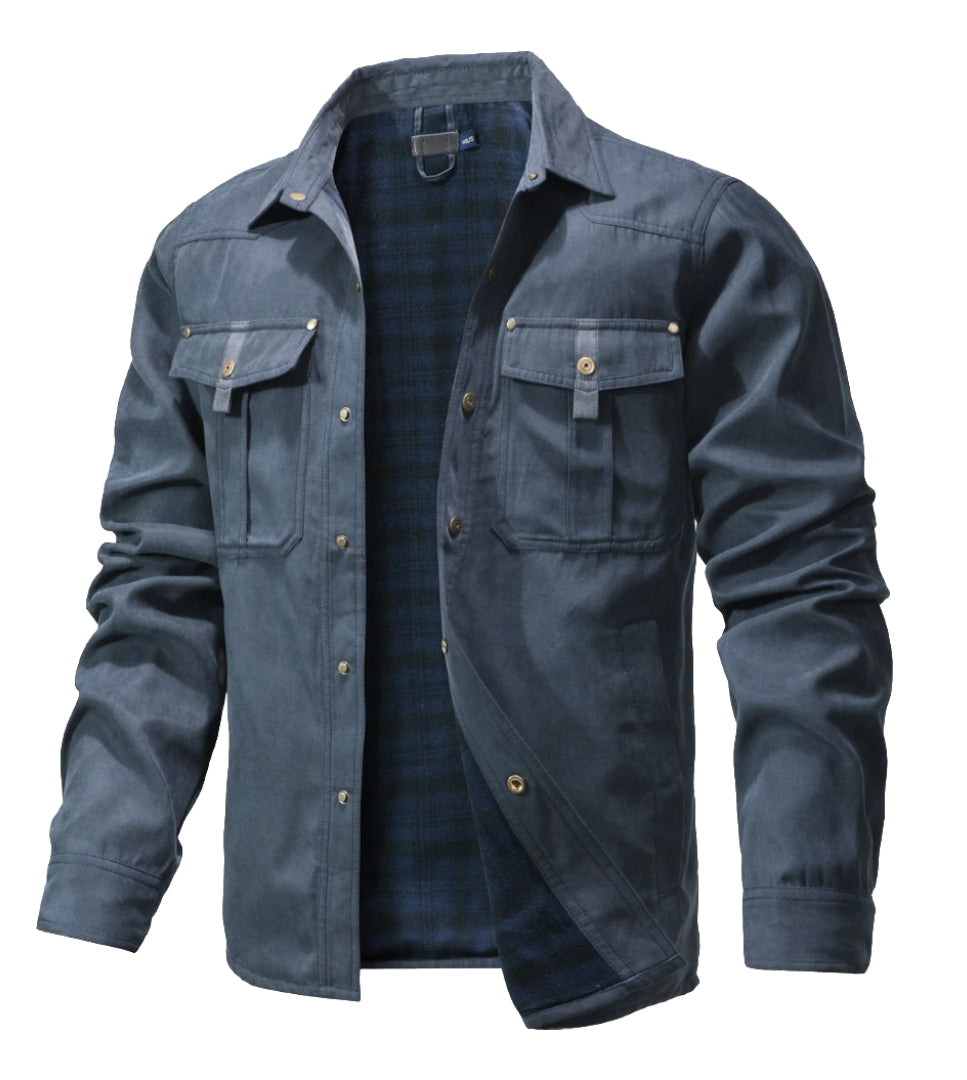 "Veste en flanelle pour hommes, chaude, élégante, col à boutons, gris foncé, idéale pour temps froid, poches pratiques."