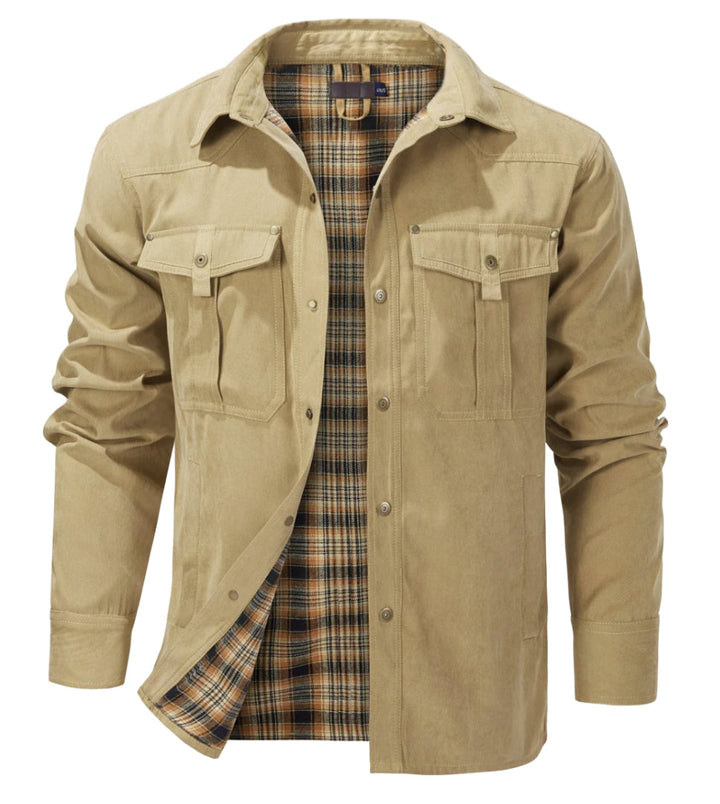 "Veste en flanelle pour hommes, chaude, élégante, col à boutons, gris foncé, idéale pour temps froid, poches pratiques."
