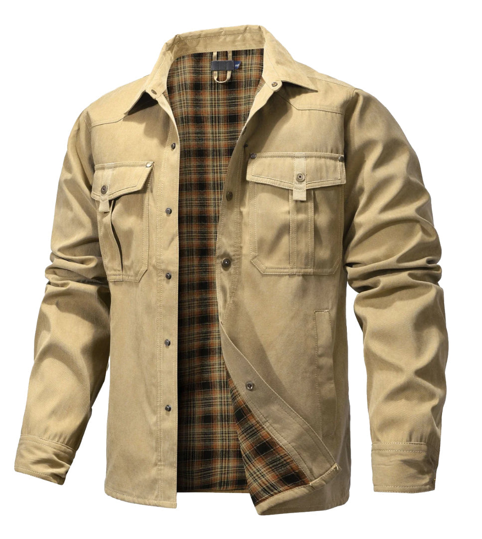 "Veste en flanelle pour hommes, chaude, élégante, col à boutons, gris foncé, idéale pour temps froid, poches pratiques."