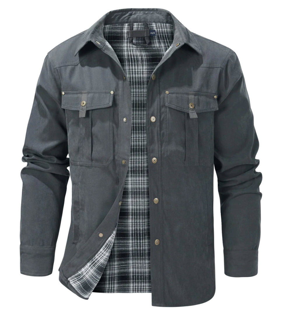 "Veste en flanelle pour hommes, chaude, élégante, col à boutons, gris foncé, idéale pour temps froid, poches pratiques."