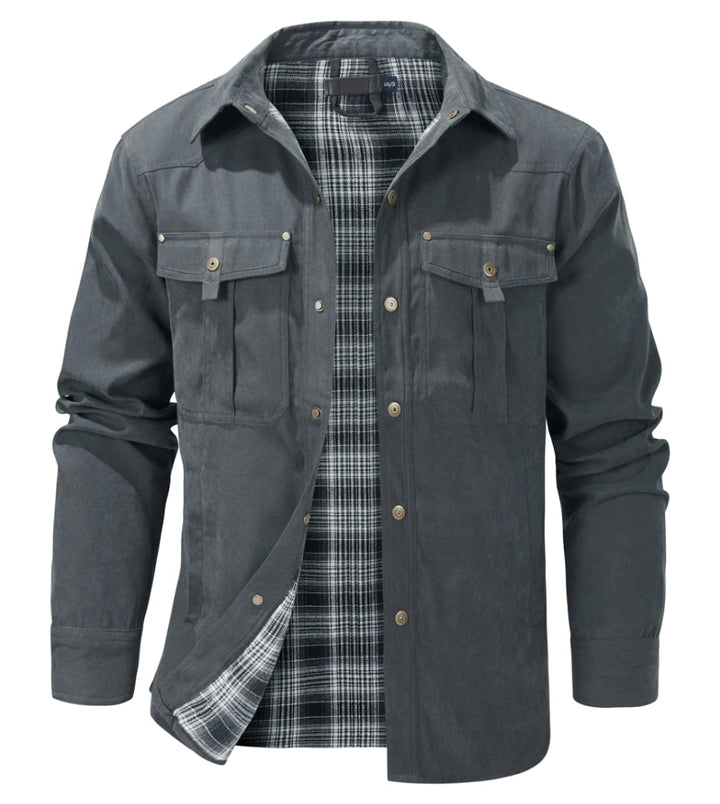 "Veste en flanelle pour hommes, chaude, élégante, col à boutons, gris foncé, idéale pour temps froid, poches pratiques."