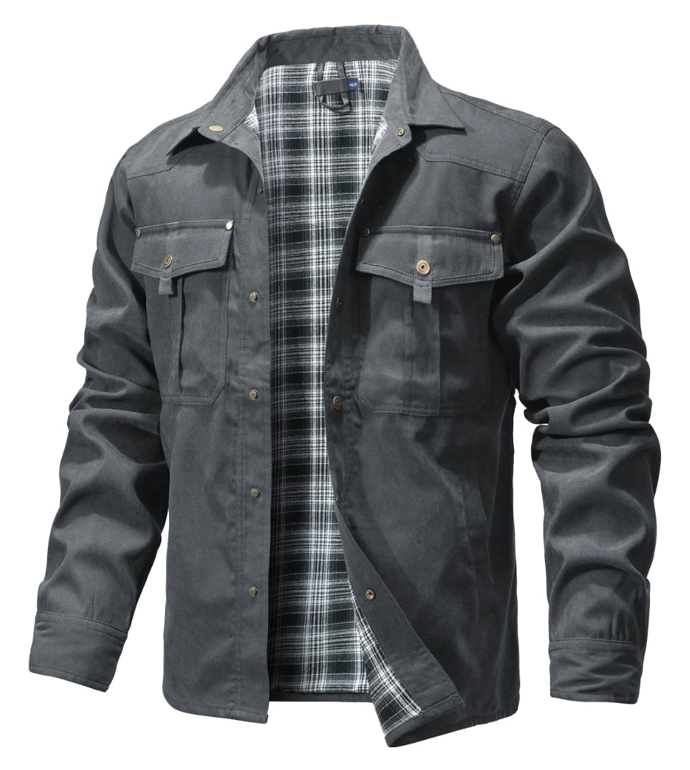 "Veste en flanelle pour hommes, chaude, élégante, col à boutons, gris foncé, idéale pour temps froid, poches pratiques."