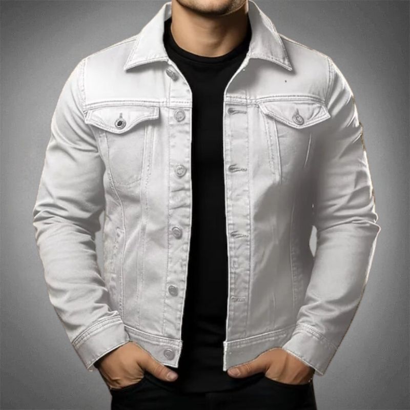 "Veste en jean homme moderne, coupe ajustée, coloris variés, tissu léger, finitions soignées, vue de face."