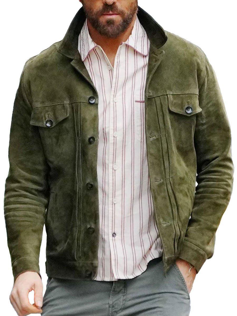 "Veste en suède verte vintage décontractée avec multiples poches, vue de face"