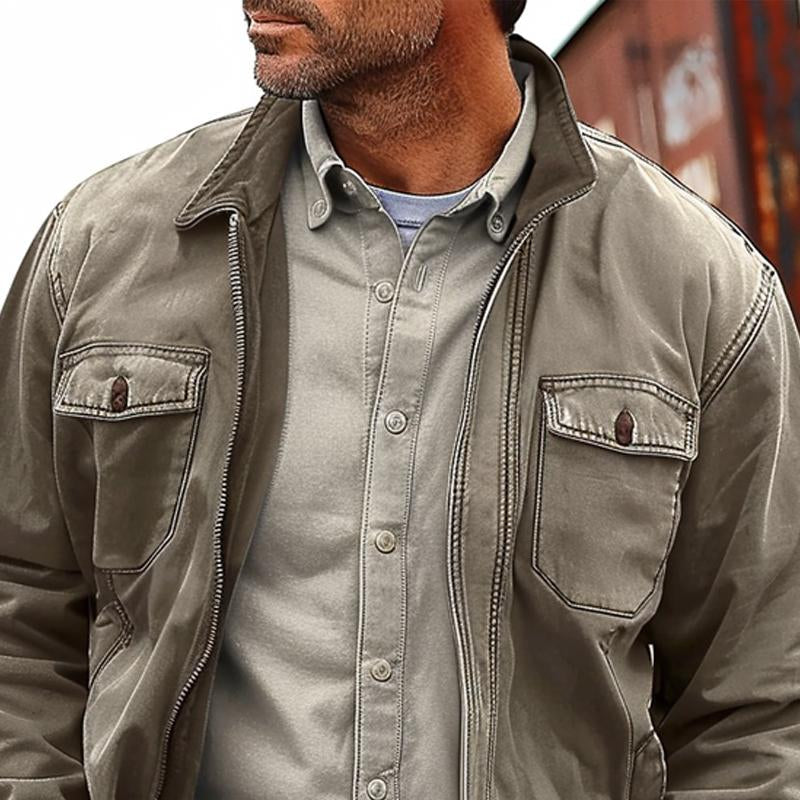 "Veste en toile vintage homme, coupe décontractée, look usé, fermeture éclair, style tendance, parfaite pour superposition."