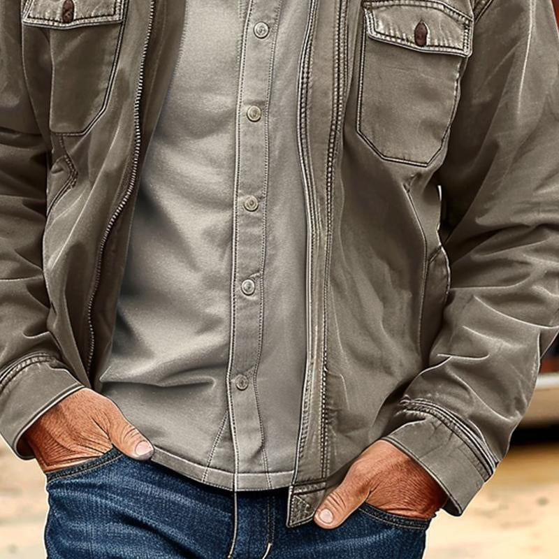 "Veste en toile vintage homme, coupe décontractée, look usé, fermeture éclair, style tendance, parfaite pour superposition."