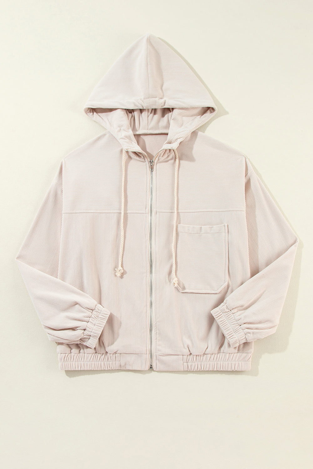 "Veste en velours côtelé beige avec capuche, style décontracté et élégant pour femmes, doux et parfait pour l'automne."