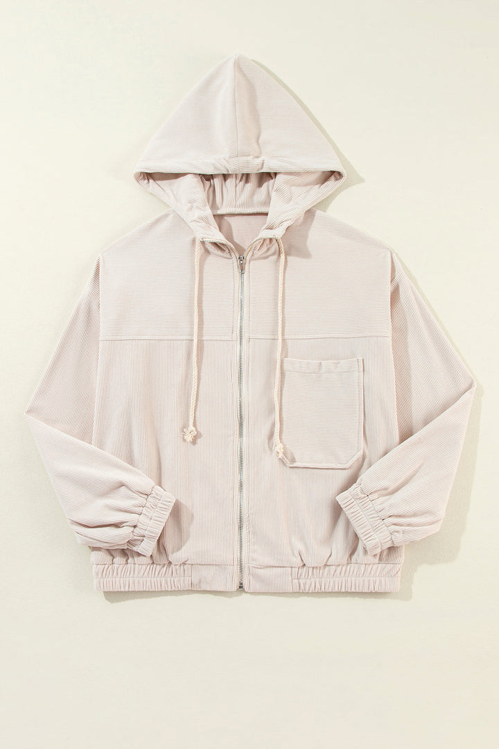 "Veste en velours côtelé beige avec capuche, style décontracté et élégant pour femmes, doux et parfait pour l'automne."