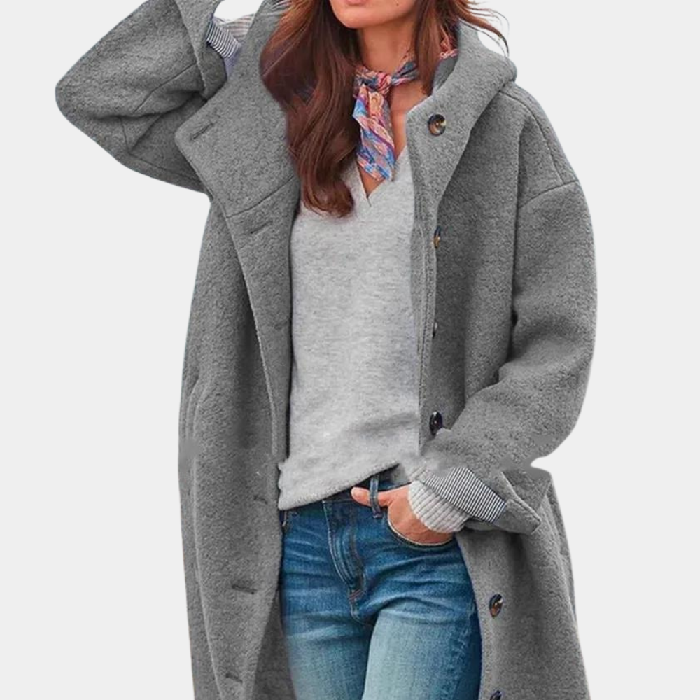 "Veste épaisse pour femmes, vue de face, coupe moderne, tissu tweed gris, élégante et chaude, idéale pour l'hiver."