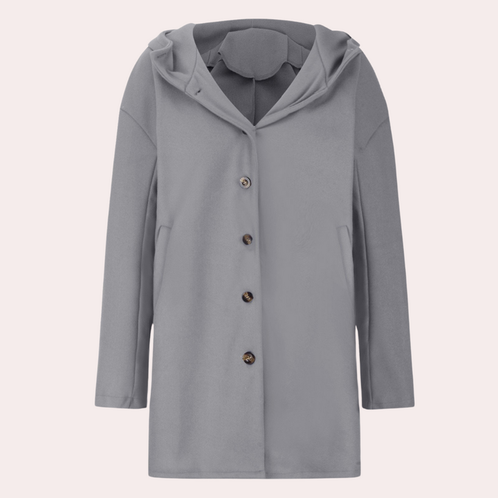 "Veste épaisse pour femmes, vue de face, coupe moderne, tissu tweed gris, élégante et chaude, idéale pour l'hiver."