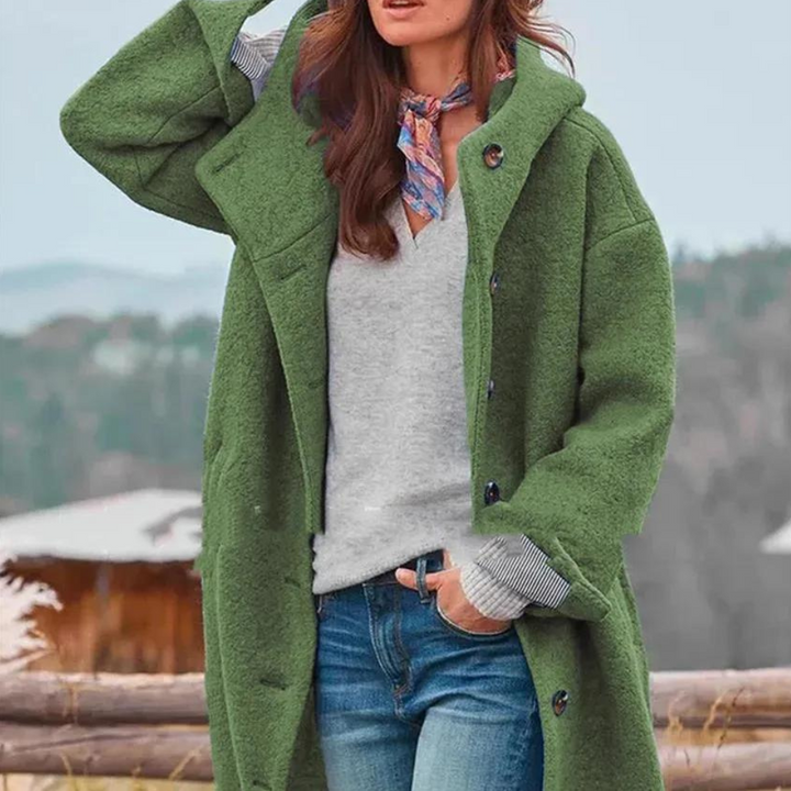 "Veste épaisse pour femmes, vue de face, coupe moderne, tissu tweed gris, élégante et chaude, idéale pour l'hiver."