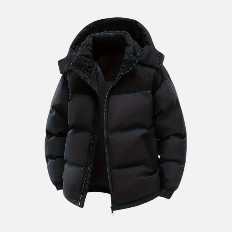 Veste hiver unisexe, blocs colorés, matelassée, capuche amovible, moderne, idéale pour hommes et femmes, style tendance.