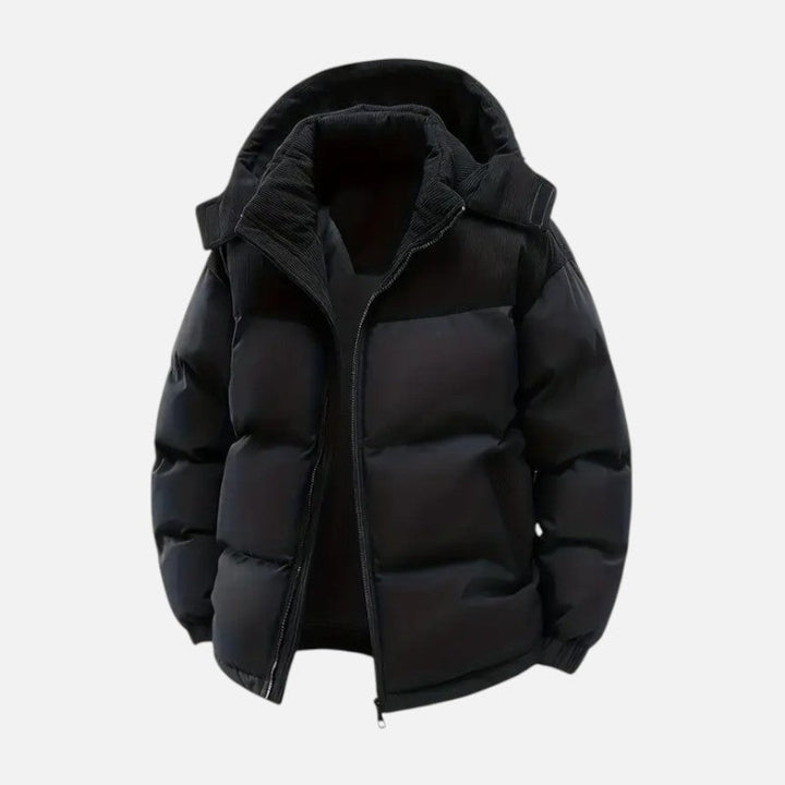 Veste hiver unisexe, blocs colorés, matelassée, capuche amovible, moderne, idéale pour hommes et femmes, style tendance.