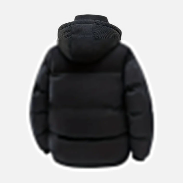 Veste hiver unisexe, blocs colorés, matelassée, capuche amovible, moderne, idéale pour hommes et femmes, style tendance.