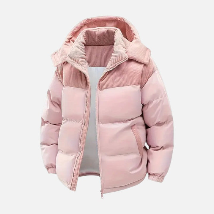 Veste hiver unisexe, blocs colorés, matelassée, capuche amovible, moderne, idéale pour hommes et femmes, style tendance.