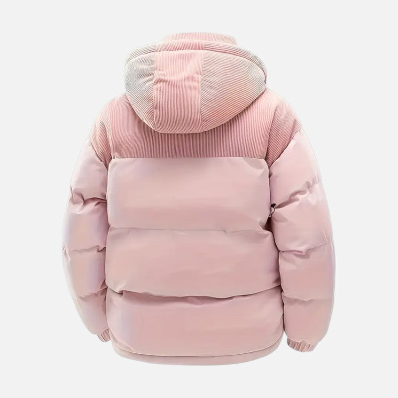 Veste hiver unisexe, blocs colorés, matelassée, capuche amovible, moderne, idéale pour hommes et femmes, style tendance.