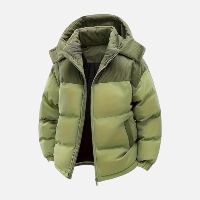 Veste hiver unisexe, blocs colorés, matelassée, capuche amovible, moderne, idéale pour hommes et femmes, style tendance.