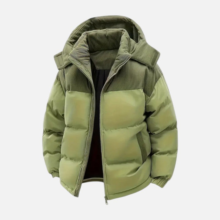 Veste hiver unisexe, blocs colorés, matelassée, capuche amovible, moderne, idéale pour hommes et femmes, style tendance.