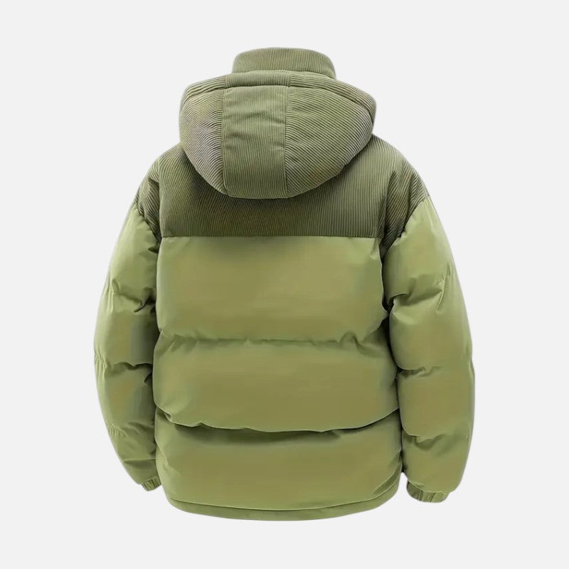 Veste hiver unisexe, blocs colorés, matelassée, capuche amovible, moderne, idéale pour hommes et femmes, style tendance.