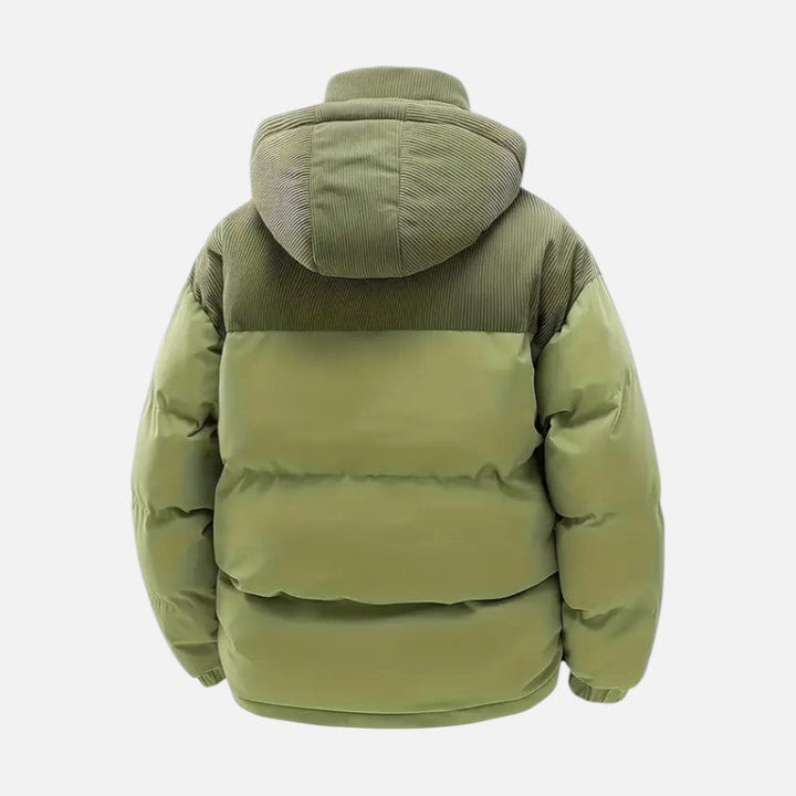 Veste hiver unisexe, blocs colorés, matelassée, capuche amovible, moderne, idéale pour hommes et femmes, style tendance.