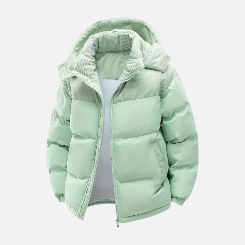Veste hiver unisexe, blocs colorés, matelassée, capuche amovible, moderne, idéale pour hommes et femmes, style tendance.