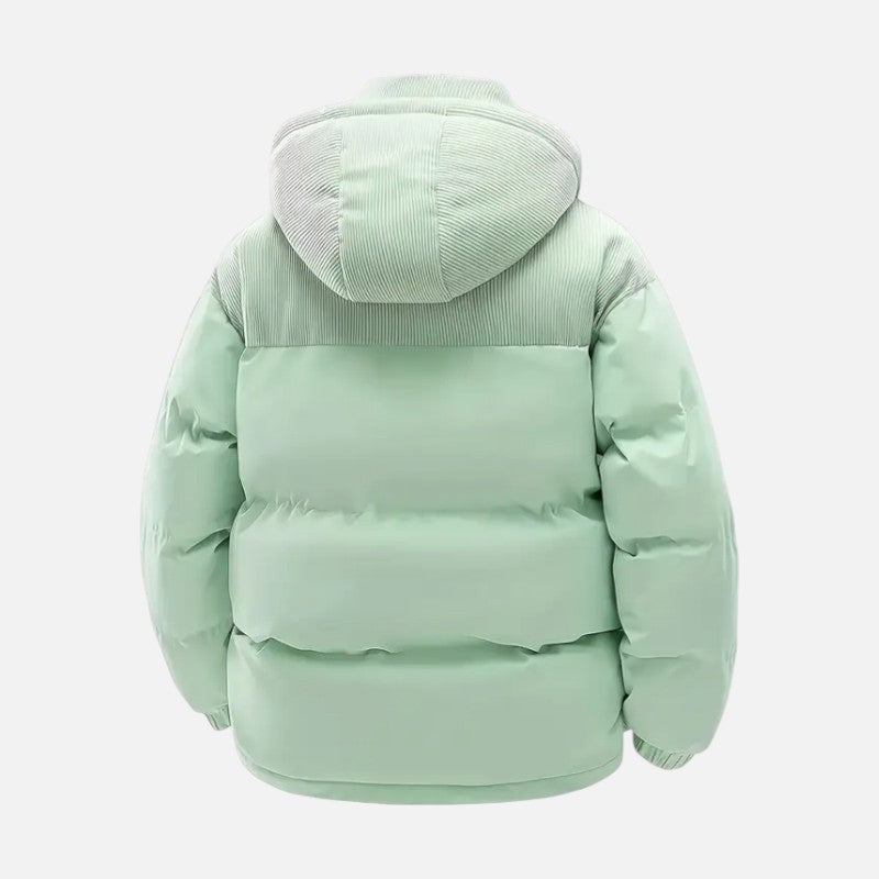 Veste hiver unisexe, blocs colorés, matelassée, capuche amovible, moderne, idéale pour hommes et femmes, style tendance.