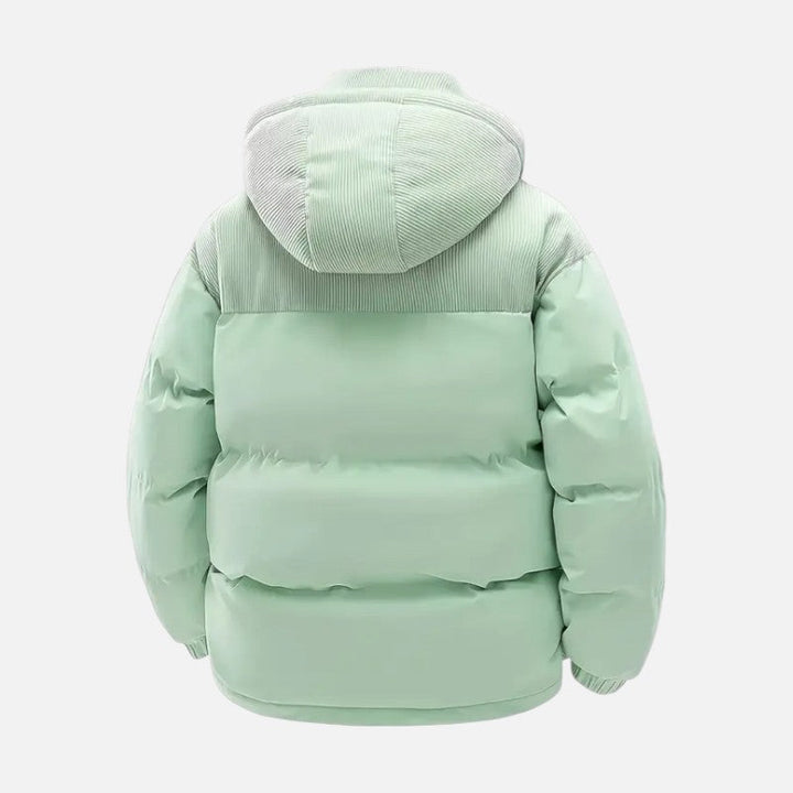 Veste hiver unisexe, blocs colorés, matelassée, capuche amovible, moderne, idéale pour hommes et femmes, style tendance.