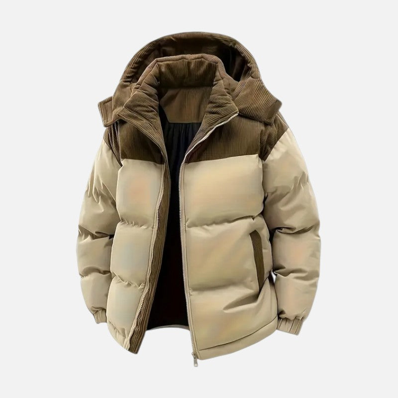 Veste hiver unisexe, blocs colorés, matelassée, capuche amovible, moderne, idéale pour hommes et femmes, style tendance.