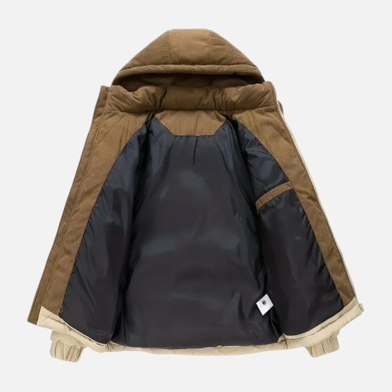 Veste hiver unisexe, blocs colorés, matelassée, capuche amovible, moderne, idéale pour hommes et femmes, style tendance.