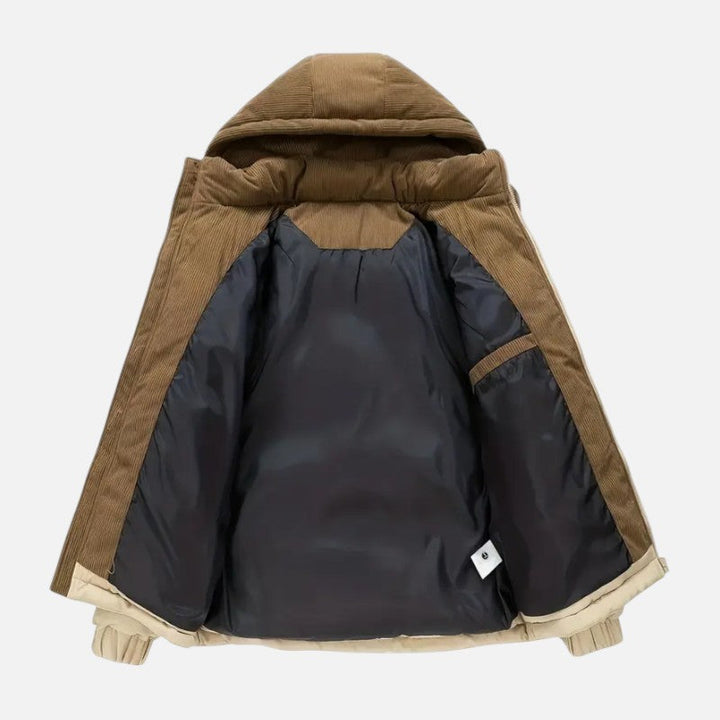Veste hiver unisexe, blocs colorés, matelassée, capuche amovible, moderne, idéale pour hommes et femmes, style tendance.