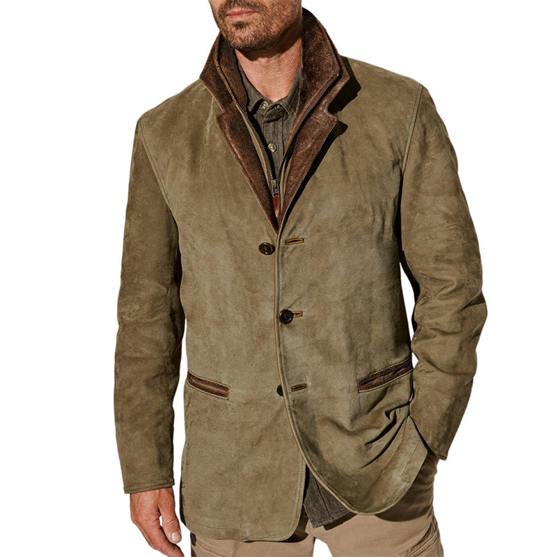 "Veste homme en suède vintage, élégance rétro, col à revers, poches, coupe ajustée, plusieurs couleurs disponibles"