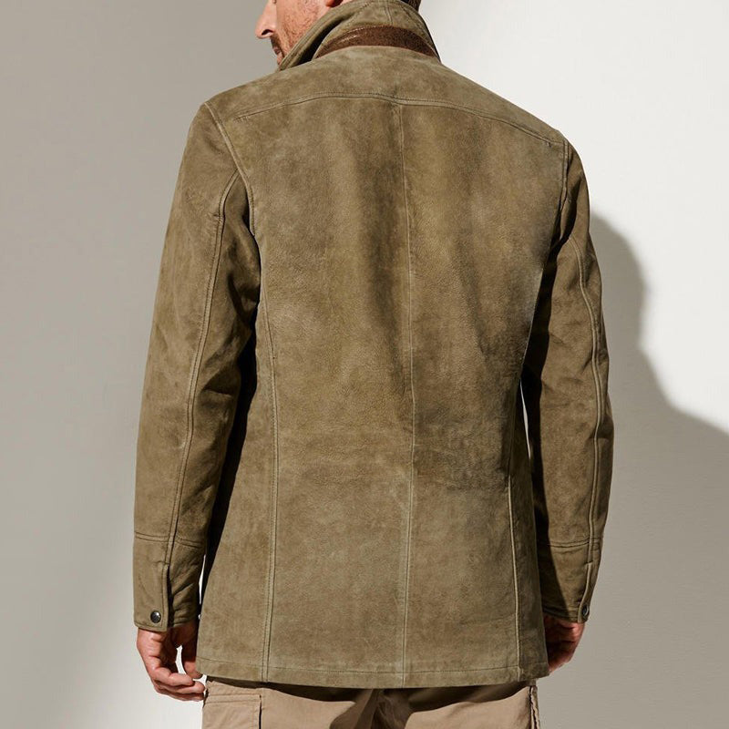 "Veste homme en suède vintage, élégance rétro, col à revers, poches, coupe ajustée, plusieurs couleurs disponibles"