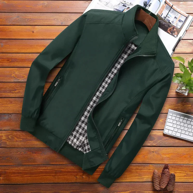 "Veste homme été coupe-vent, multi-color, élégante avec col montant, disponible en bleu, noir, vert, kaki, gris."