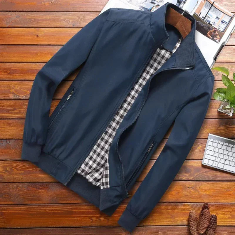 "Veste homme été coupe-vent, multi-color, élégante avec col montant, disponible en bleu, noir, vert, kaki, gris."