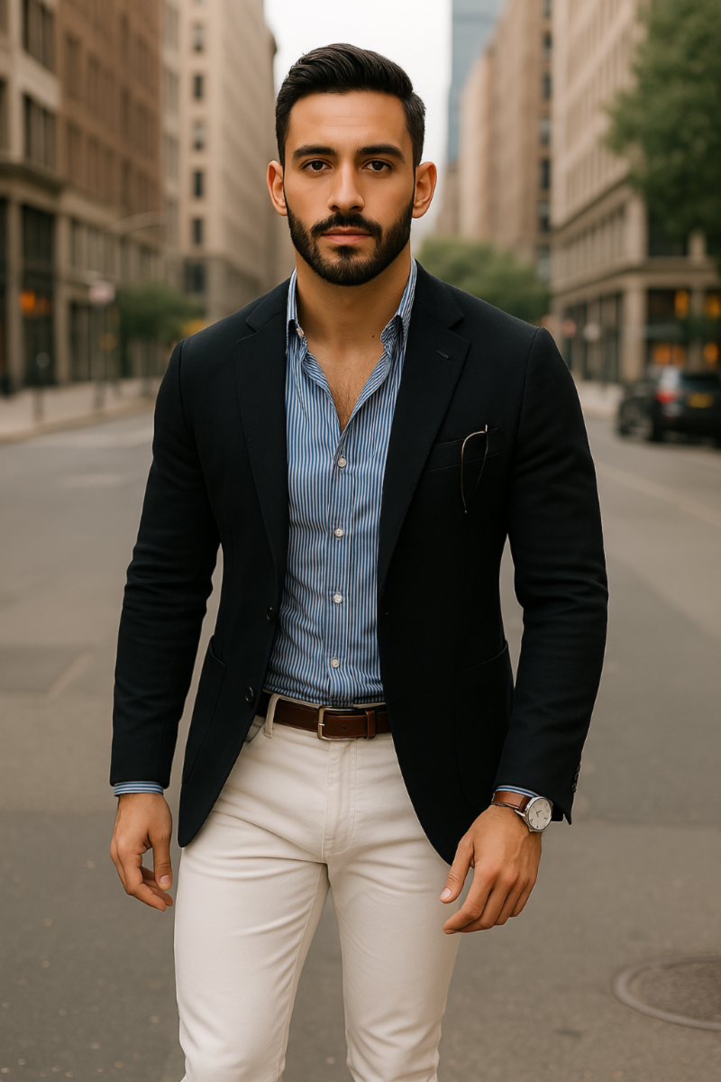 "Veste homme légère en tissu respirant beige, coupe élégante et minimaliste, idéale pour un style décontracté ou pro."
