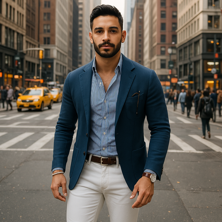 "Veste homme légère en tissu respirant beige, coupe élégante et minimaliste, idéale pour un style décontracté ou pro."