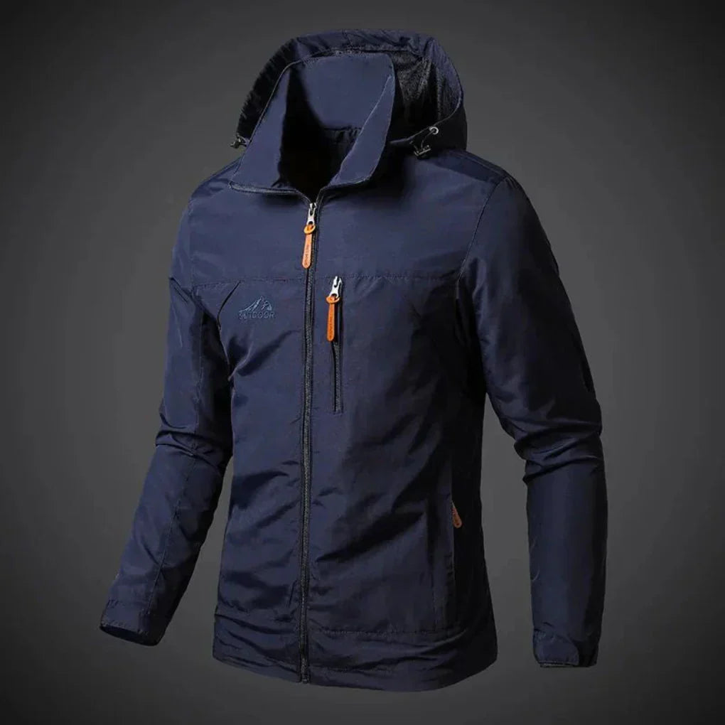 "Veste imperméable homme confortable, élégante, en vert kaki, offrant protection contre le vent et la pluie."