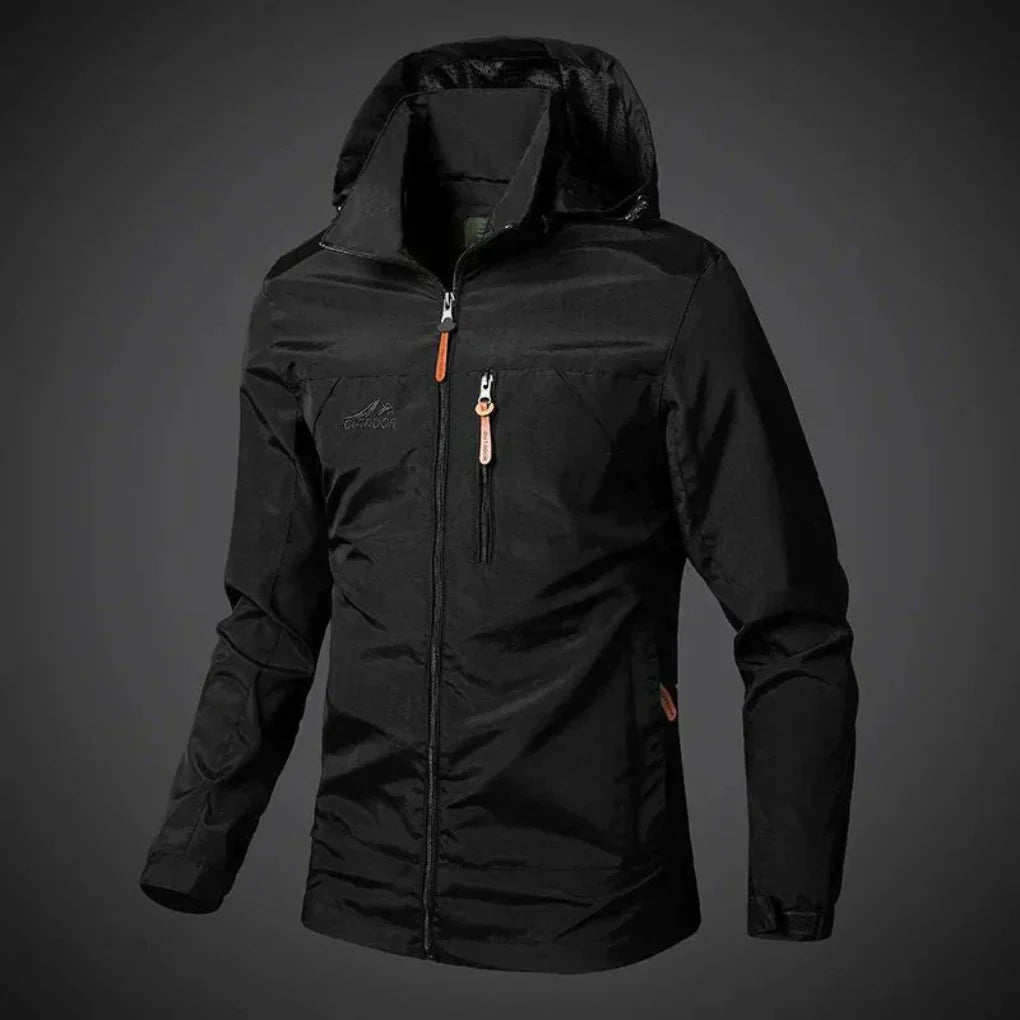 "Veste imperméable homme confortable, élégante, en vert kaki, offrant protection contre le vent et la pluie."
