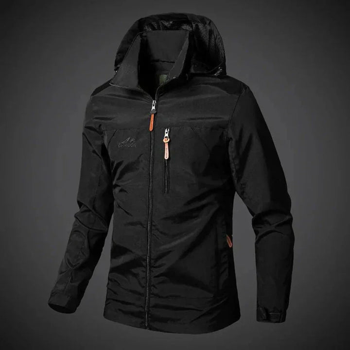 "Veste imperméable homme confortable, élégante, en vert kaki, offrant protection contre le vent et la pluie."