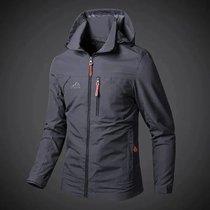 "Veste imperméable homme confortable, élégante, en vert kaki, offrant protection contre le vent et la pluie."