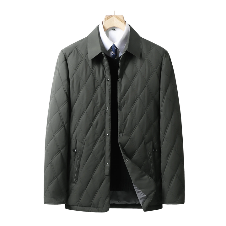 "Veste imperméable homme, matelassée chic, coupe intemporelle, couleur sombre, pour transition saison froide"