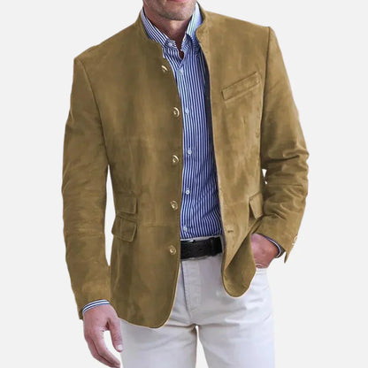"Veste italienne en tissu noble, couleur sombre, coupe impeccable pour homme, style raffiné pour occasions formelles."