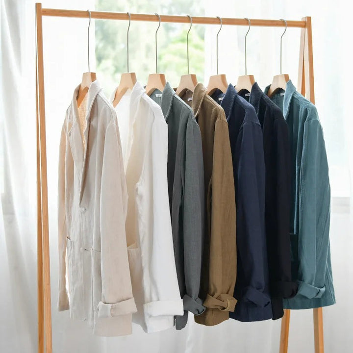 "Veste légère en lin pour homme, style décontracté et élégant, lin-coton doux, teinte exclusive, coupe ample et chic."