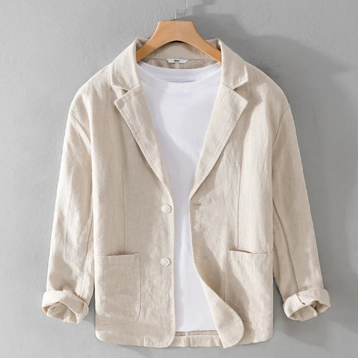 "Veste légère en lin pour homme, style décontracté et élégant, lin-coton doux, teinte exclusive, coupe ample et chic."