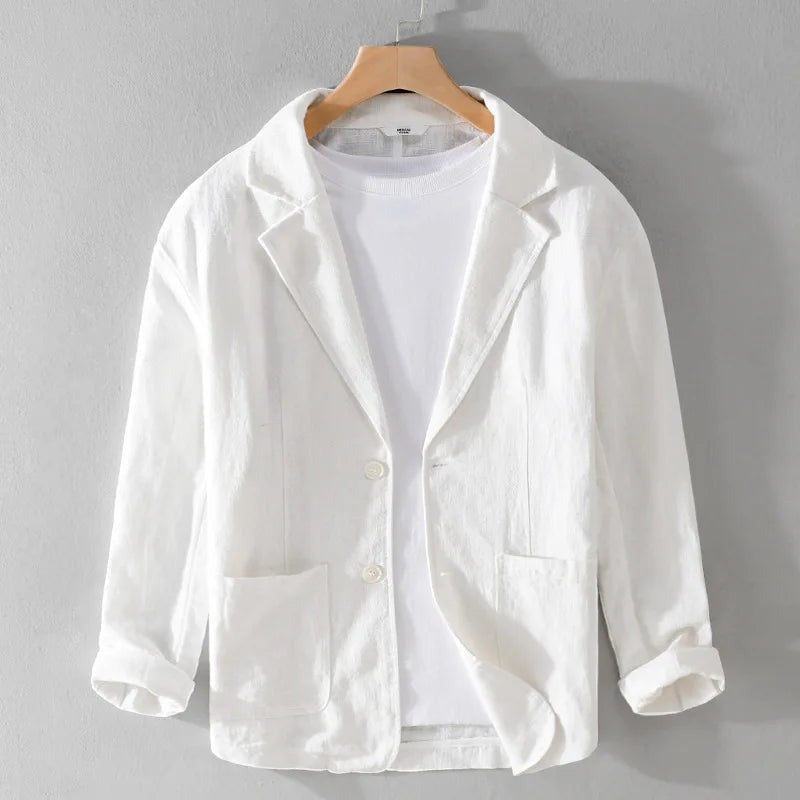 "Veste légère en lin pour homme, style décontracté et élégant, lin-coton doux, teinte exclusive, coupe ample et chic."