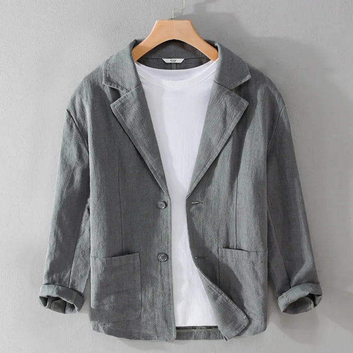 "Veste légère en lin pour homme, style décontracté et élégant, lin-coton doux, teinte exclusive, coupe ample et chic."