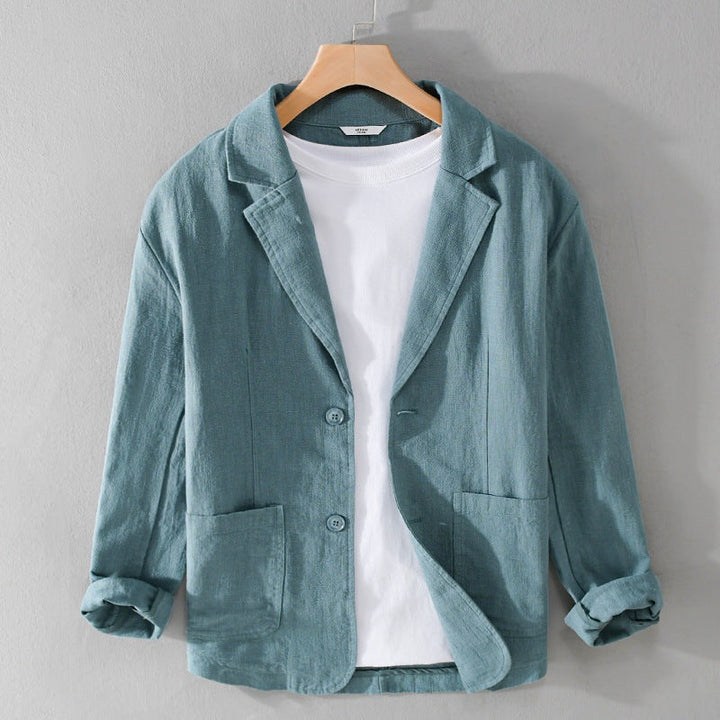 "Veste légère en lin pour homme, style décontracté et élégant, lin-coton doux, teinte exclusive, coupe ample et chic."